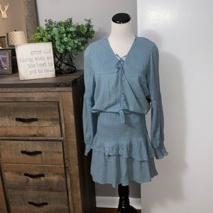 Chloe Oliver 2 piece  ruched ruffle boho aqua blue metallic silver skirt size M